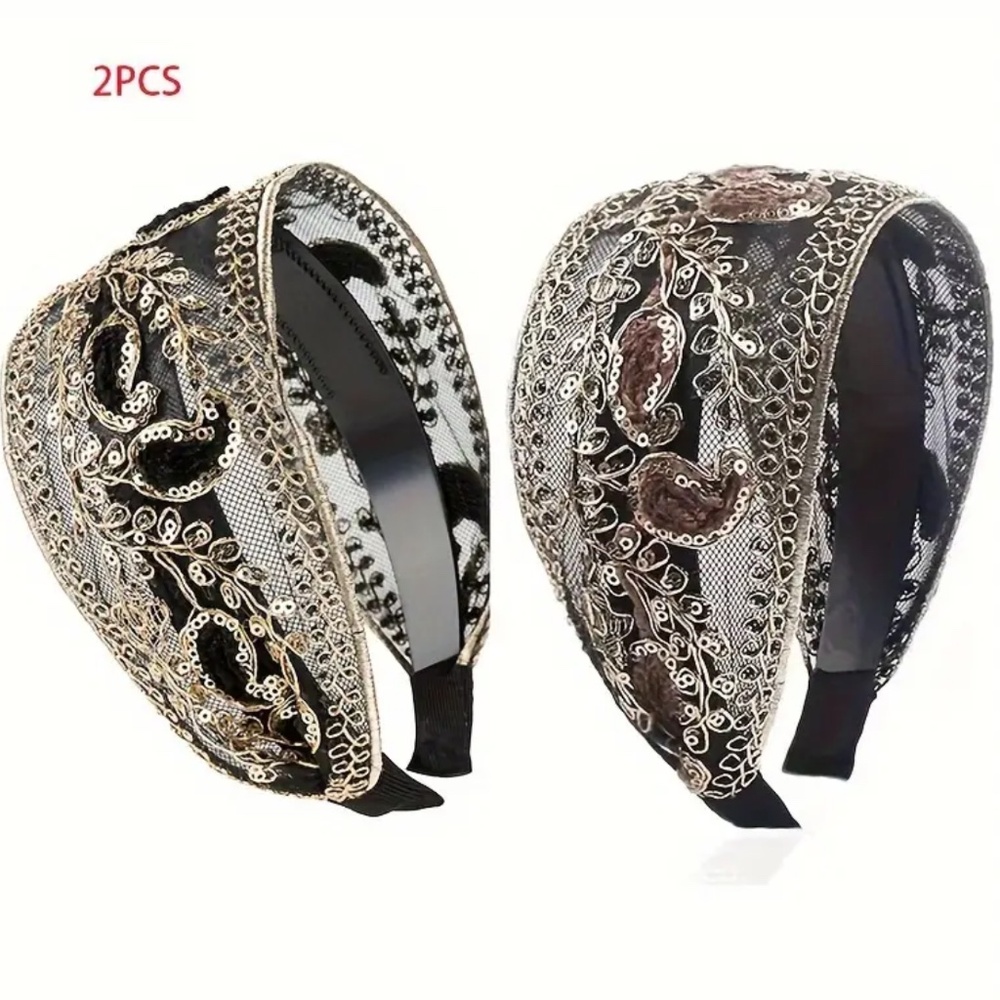NEW! Set of 2 Lace and Sequin Headbands! One with Black and One with Brown!